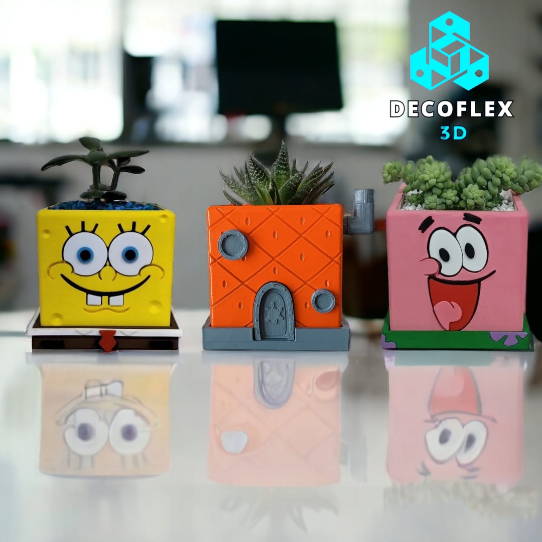 Maceta Decorativa DecoFlexito Combo Bob, Patricio y Casa Piña